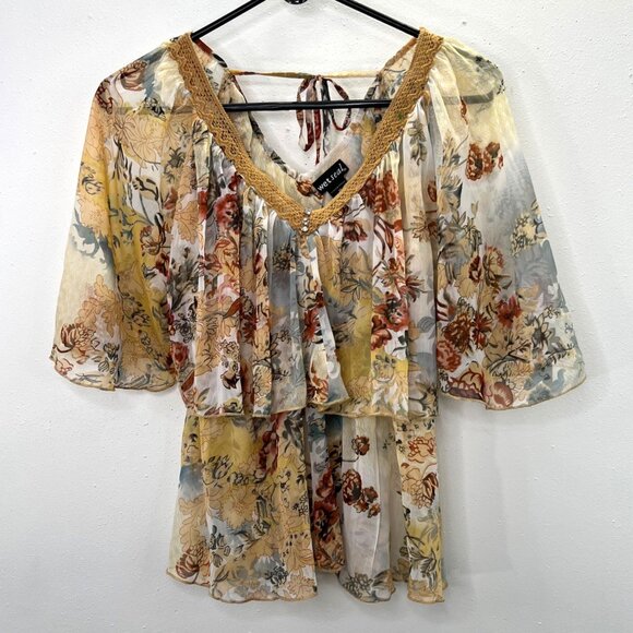 Wet Seal Tops - Wet Seal Blouse Top M Floral Semi Sheer Tiered Crochet Rhinestones Mustard Tan